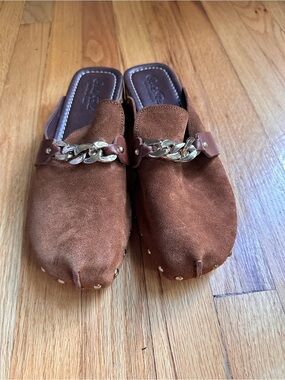 Carlo Pera Made in Italy Brown Suede Gold Chain Studded Clog Mules EU 41